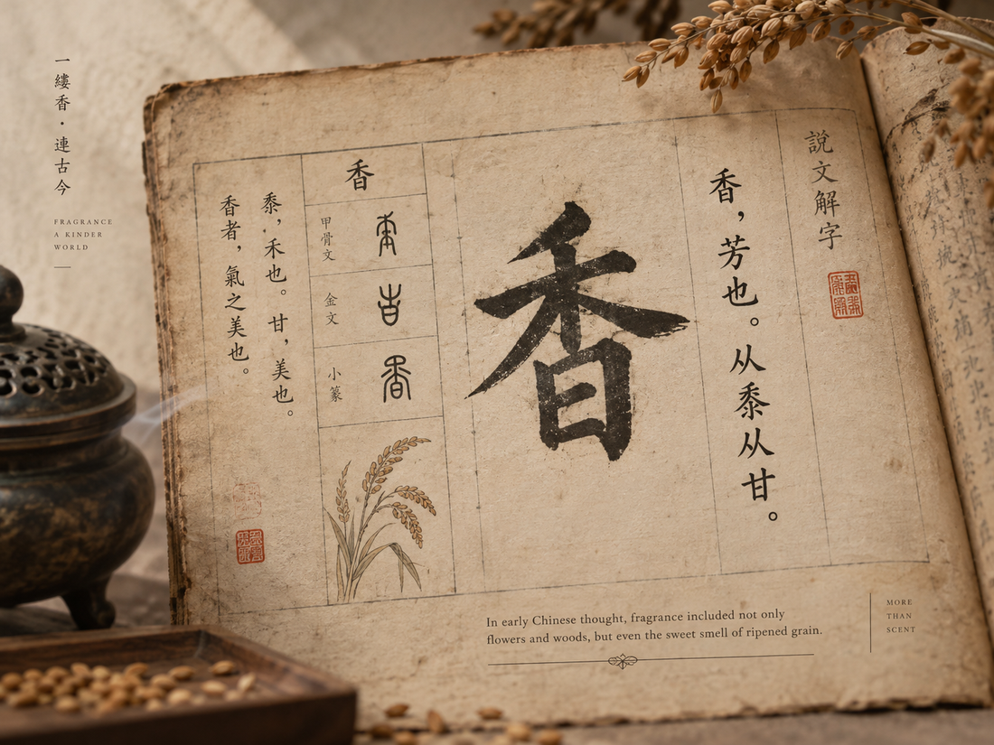 Classical-style illustration explaining the Chinese character xiang through grain and sweetness