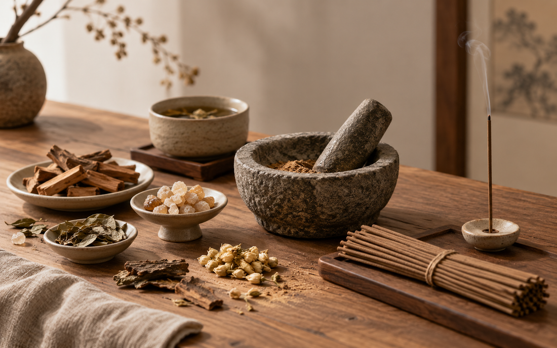 Chinese incense materials, a stone mortar and handmade incense sticks beside a burning stick on a wooden table