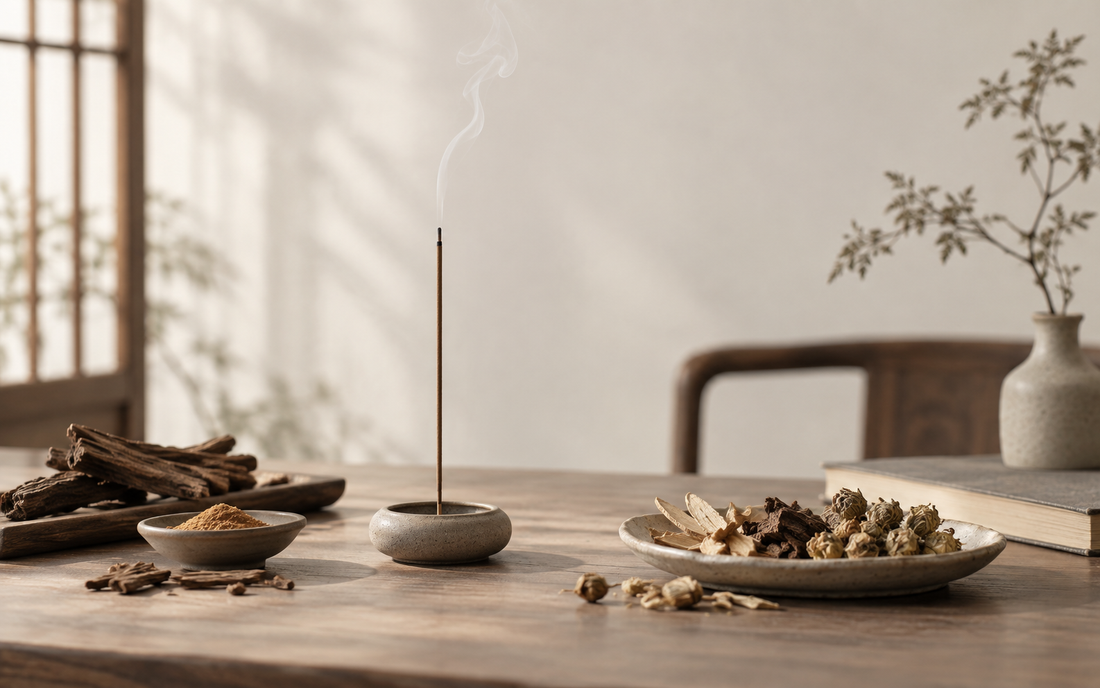 A lit incense stick surrounded by traditional Chinese aromatic woods and herbs in a quiet room